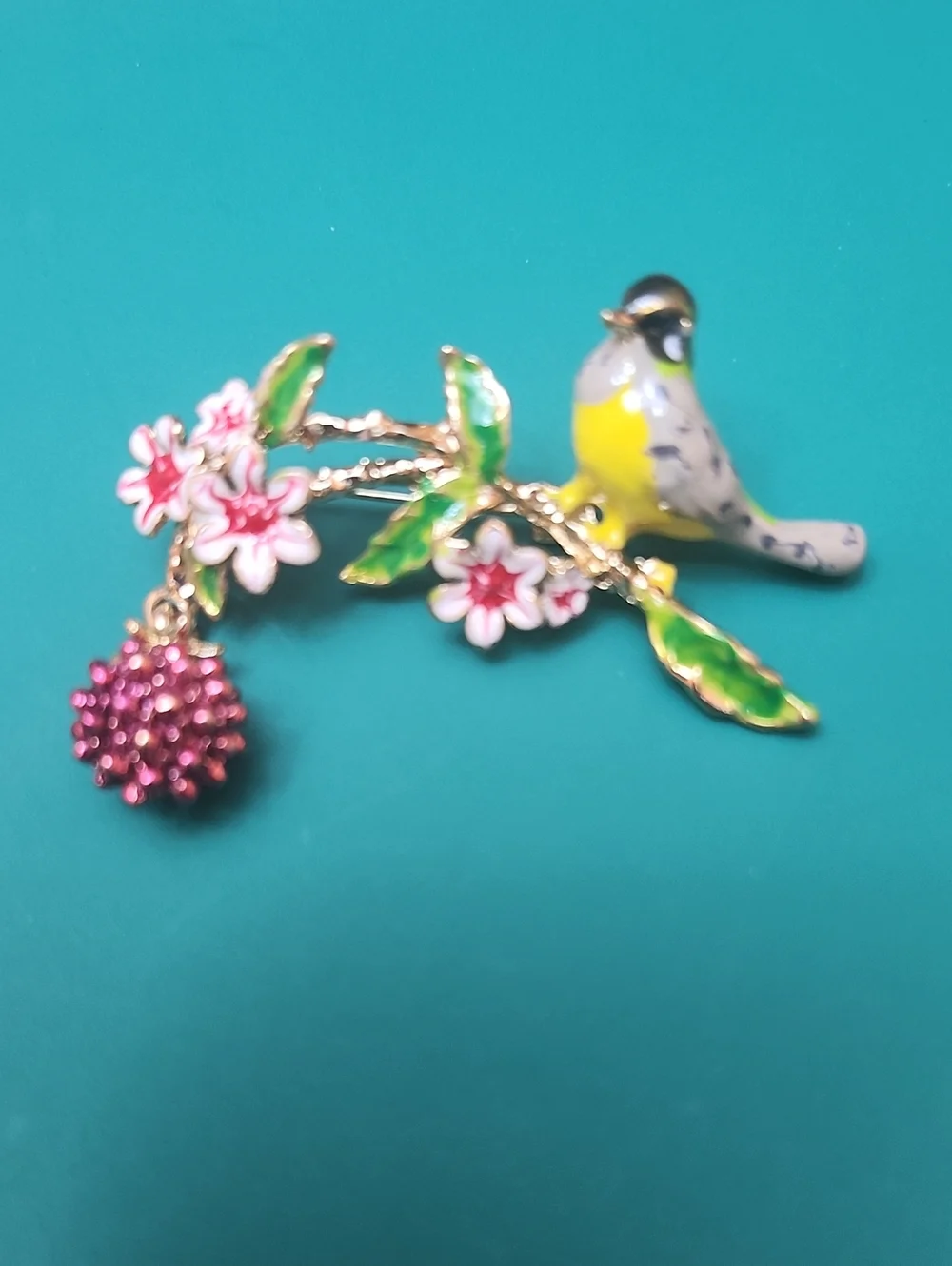 Yellow Enamel Bird and Floral Branch Brooch with Pink Charm